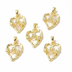 Real 18K Gold Plated Shell Pendants, with Brass Micro Pave Cubic Zirconia Findings, Asymmetrical Heart with Flower Charm, Real 18K Gold Plated, 17.5x14x5mm, Hole: 4.5x2mm