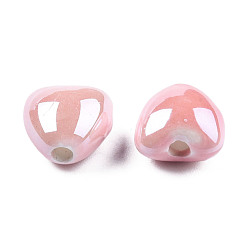 Pink Pearlized Handmade Porcelain Beads, Heart, Pink, 10x10x7mm, Hole: 1.8mm