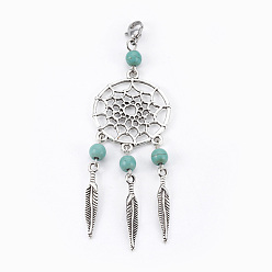 Deep Sky Blue Dyed Synthetic Turquoise Big Pendants, with Tibetan Style Alloy Findings and 304 Stainless Steel Lobster Claw Clasps, Woven Net/Web with Feather, Antique Silver & Stainless Steel Color, Deep Sky Blue, 90mm, Pendant: 80x29x6mm