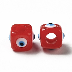 Brique Rouge Mauvais œil en résine perles européennes, perle avec trou grande, cube, firebrick, 12.5x14~14.5x14~14.5mm, Trou: 6mm