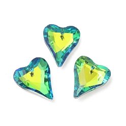 Amarillo de Verde Colgantes de cristal de galvanizado, espalda plateada, facetados, encantos del corazón, verde amarillo, 17.5x14x5 mm, agujero: 1.2 mm
