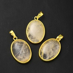 Quartz Crystal Natural Quartz Crystal Pendants, Rock Crystal Pendants, Oval Charms, with Rack Plating Golden Plated Brass Findings, Lead Free & Cadmium Free, 31x20x7.5~8mm, Hole: 7x5mm