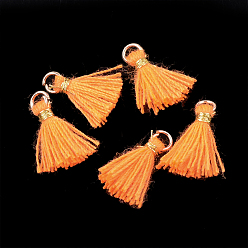Dark Orange Polycotton(Polyester Cotton) Tassel Pendant Decorations, Mini Tassel, with Iron Findings and Metallic Cord, Light Gold, Dark Orange, 10~15x2~3mm, Hole: 1.5mm