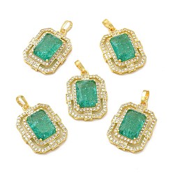 Light Sea Green Rack Plating Brass & Crushed Ice Cut Cubic Zirconia Pendants, with Rhinestone, Real 14K Gold Plated, Cadmium Free & Lead Free, Rectangle Octagon Charm, Light Sea Green, 28x21x8mm, Hole: 6.5x4mm