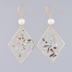 Real 18K Gold Plated Dangle Earrings, with Epoxy Resin, Shell, Natural Pearl, Alloy Findings and Brass Earring Hooks, Rhombus, Real 18K Gold Plated, 63mm, Pin: 0.6mm