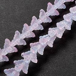 Perlas de Color Rosa Cuentas de vidrio transparente hebra, mariposa, rosa perla, 8x15x4.5 mm, agujero: 1 mm, sobre 60 unidades / cadena, 13.78~14.17 pulgada (35 cm ~ 36 cm)