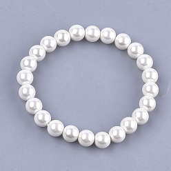 Creamy White Shell Pearl Beaded Stretch Bracelets, Round, Creamy White, 2~2-1/8 inch(5~5.5cm), 8.5mm