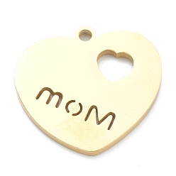 Real 18K Gold Plated Ion Plating(IP) 304 Stainless Steel Pendants, Heart with Word Mom, for Mother's Day, Real 18K Gold Plated, 19x20x1.5mm, Hole: 1.6mm