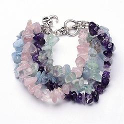 Mixed Stone Natural Gemstone Multi-strand Bracelets, with Alloy Bar & Ring Toggle Clasps, 173mm(6-7/8 inch)