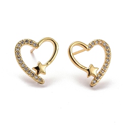 Real 18K Gold Plated Heart & Star Brass Micro Pave Clear Cubic Zirconia Ear Studs, Lead Free & Cadmium Free, Real 18K Gold Plated, 14x13mm, Pin: 0.8mm