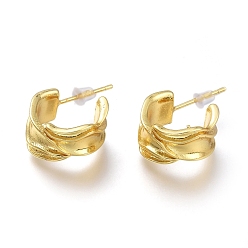Real 18K Gold Plated Brass Half Hoop Earrings, with Steel Pin and Plastic Ear Nuts, Long-Lasting Plated, Textured, Real 18K Gold Plated, 14mm, Pin: 0.7mm