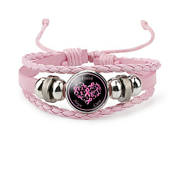 Heart Imitation Leather Multi-strand Bracelets for Women, October Breast Cancer Pink Awareness Ribbon Iron Glass Adjustable Bracelet, Heart, 4-3/8 inch(11cm)