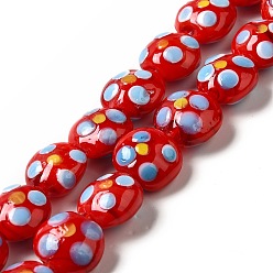 Rouge Brins de perles à chalumeau manuels, plat rond, rouge, 12~14x12.5~13.5x7~8.5mm, Trou: 1.5mm, Environ 33 pcs/chapelet, 16.46 pouce (41.8 cm)