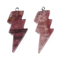 Strawberry Quartz Natural Strawberry Quartz Pendants, Lightning Bolt Charm, with Stainless Steel Color Tone 304 Stainless Steel Loops, 40~44.5x17~20x4.5~6mm, Hole: 2mm