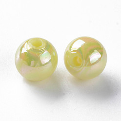 Jaune Perles acryliques opaques, de couleur plaquée ab , ronde, jaune, 10x9mm, Trou: 2mm, environ940 pcs / 500 g
