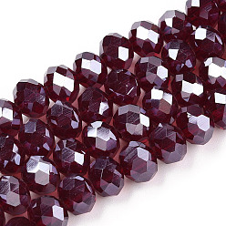 Dark Red Electroplate Glass Beads Strands, Pearl Luster Plated, Faceted, Rondelle, Dark Red, 8x6mm, Hole: 1mm, about 65~72pcs/strand, 15.7~16.1 inch(40~41cm)