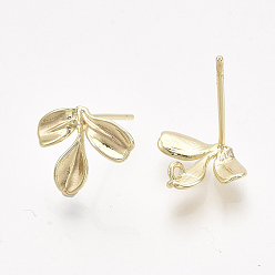 Real 18K Gold Plated Brass Stud Earring Findings, with Loop, Real 18K Gold Plated, Nickel Free, Leaf, 10x12mm, Hole: 1mm, Pin: 0.8mm