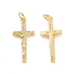 Real 18K Gold Plated Rack Plating Brass Micro Pave Cubic Zirconia Pendants, with Jump Ring, Long-Lasting Plated,  Cadmium Free & Lead Free, Religion Crucifix Cross Charm, Real 18K Gold Plated, 24x11x3mm, Hole: 3mm