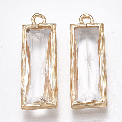 Clear Glass Pendants, with Brass Findings, Faceted, Rectangle, Golden, Clear, 26x9x5mm, Hole: 1.6mm