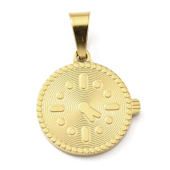 Real 18K Gold Plated Ion Plating(IP) 316L Surgical Stainless Steel Pendants, Textured, Flat Round with Clock Charm, Real 18K Gold Plated, 16x15x1.5mm, Hole: 6X3.5mm