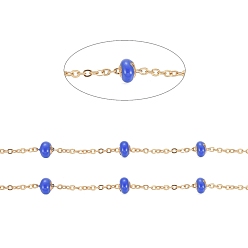 Blue Stainless Steel Satellite Chains, with Enamel Beads and Spool, Soldered, Long-Lasting Plated, Flat Round, Golden, Blue, 1.5x1.2x0.3mm, about 32.8 Feet(10m)/roll