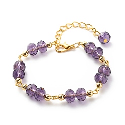 Purple Glass Rondelle & Brass Beaded Bracelet for Women, Purple, 6-1/2 inch(16.4cm)