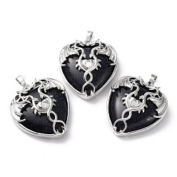 Blue Goldstone Synthetic Blue Goldstone Heart Pendant Rhinestone Settings, Rack Plating Platinum Plated Brass Wings Charms, Long-Lasting Plated, Fit for 3mm Rhinestone, 37x33x10~11.5mm, Hole: 8x5mm