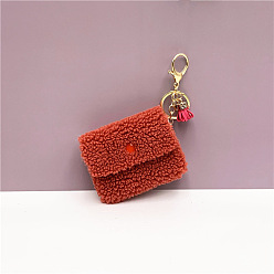 Naranja Rojo Lindo llavero de peluche monedero, monedero de lana granulada con borla y llavero, Monedero para tarjetas de identificación de llaves de coche., rojo naranja, 9x7 cm