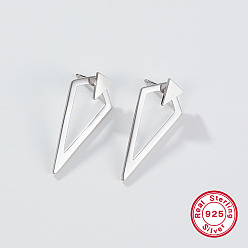Platinum Rhodium Plated Sterling Silver Stud Earrings, Hollow Twist Triangle, Platinum, 30x13mm