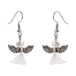 White Lovely Wedding Dress Angel Dangle Earrings, with Tibetan Style Beads, Glass Pearl Beads, Transparent Acrylic Beads and Brass Earring Hooks, White, 40mm