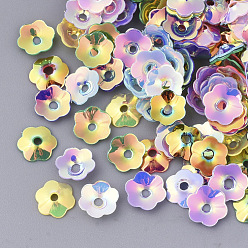 Color mezclado Accesorios de adorno, paillette plástico pvc / cuentas de lentejuelas, flor, color mezclado, 7x7x1.5 mm, agujero: 1.4 mm, sobre 800 unidades / bolsa