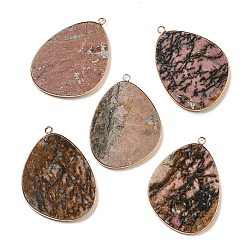 Rodonita Colgantes naturales rhodonite, amuletos de huevo de latón chapado en estante, dorado, 41.5~43x30.5~31x2.4 mm, agujero: 1.3~2 mm