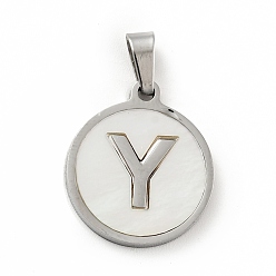 Letter Y 304 Stainless Steel with White Shell Pendants, Stainless Steel Color, Flat Round with Letter Charm, Letter.Y, 18x16x1.5mm, Hole: 3x6mm