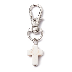 White Synthetic Turquoise Cross Pendant Decorations, with Alloy Swivel Lobster Claw Clasps, White, 50mm