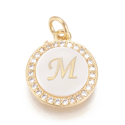 Letter M Brass Micro Pave Cubic Zirconia Pendants, with Shell, Long-Lasting Plated, Lead Free & Cadmium Free & Nickel Free, Real 18K Gold Plated, Flat Round with Letter, Clear, Letter.M, 16x13.5x3mm, Hole: 3mm