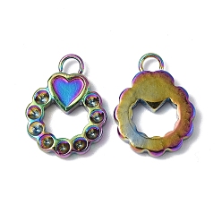 Rainbow Color Ion Plating(IP) 304 Stainless Steel Pendant Cabochon & Rhinestone Settings, Flat Round Charm, Rainbow Color, Fit for 1mm Rhinestone, Heart Tray: 3.5x3.5mm, 13.5x10x2mm, Hole: 2mm