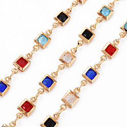 Colorful Handmade Brass Beaded Chains, with Cubic Zirconia, Soldered, Spool, Square, Real 18K Gold Plated, Colorful, 3.7x2.5x0.3mm and 10x4.5x2mm, about 16.4 Feet(5m)/roll
