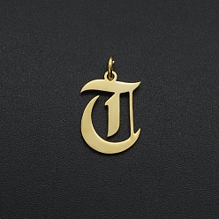 Letter T 201 Stainless Steel Pendants, with Jump Ring, Old English, Letter, Laser Cut, Golden, Letter.T, 17x12x1mm, Hole: 3mm