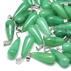 Malayo Jade Teñidos colgantes de jade natural de malasia, con broches de presión de acero inoxidable, lágrima, 28~30x10~12 mm, agujero: 6x4 mm