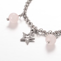 Rose Quartz Moon & Star Stainless Steel Gemstone Charm Bracelets, with Lobster Claw Clasps, Rose Quartz, 7-1/4 inch(185mm)