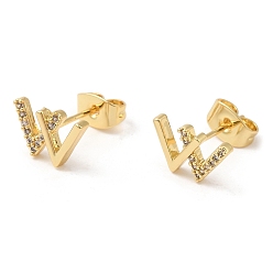 Golden Cubic Zirconia Initial Letter W Stud Earrings, Brass Earrings for Women, Golden, 7x10.5mm
