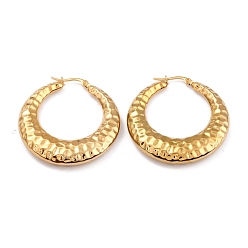 Real 24K Gold Plated 304 Stainless Steel Hoop Earrings, Hypoallergenic Earrings, Textured, Double Horn/Crescent Moon, Real 24K Gold Plated, 43x7mm, Pin: 1mm