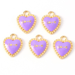Púrpura Colgantes de la aleación del esmalte, corazón, con la palabra amor, para el día de San Valentín, la luz de oro, púrpura, 16x13x3 mm, agujero: 2 mm