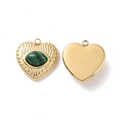 Malachite Synthetic Malachite Pendants, with Ion Plating(IP) Real 18K Gold Plated 304 Stainless Steel Findings, Heart Charm, 19x18.5x6.5mm, Hole: 2mm