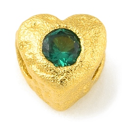 Esmeralda Latón granos del espaciador, con diamante de imitación, corazón, color dorado mate, esmeralda, 4.5x4.5x4 mm, agujero: 1.6 mm