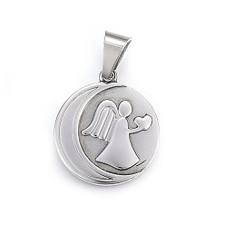 Stainless Steel Color 304 Stainless Steel Pendants, Flat Round with Moon and Angel, Stainless Steel Color, 28.5x25x3.5mm, Hole: 10x6mm