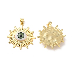 Dark Sea Green Evil Eye Resin Brass Pendants, Sun Charm, Real 18K Gold Plated, Dark Sea Green, 29.5x29x6mm, Hole: 5x3mm