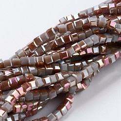 Chocolate Electroplate Opaque Glass Beads Strands, Half Rainbow Plated, Faceted, Cube, Chocolate, 2~2.5x2~2.5x2~2.5mm, Hole: 0.5mm, about 195~200pcs/strand, 16.9~17.5 inch(43~44.5cm)