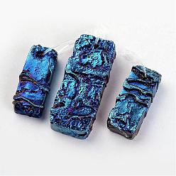 Blue Plated Electroplated Natural Dragon Bone Stone Big Pendants, Rectangle Sets, Blue Plated, 34~50x13~20x7~8mm, Hole: 1~1.5mm