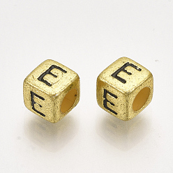 Letter E Acrylic Beads, Horizontal Hole, Metallic Plated, Cube with Letter.E, 6x6x6mm, 2600pcs/500g